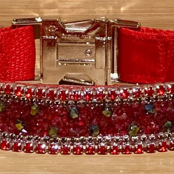 Real Rhinestone Ruby & Red Dog Collar, Diamanté Czech Red Diamond Lined, Sparkling Rows of Ruby's, Satin Lining, Elegant Class and Glam Gift