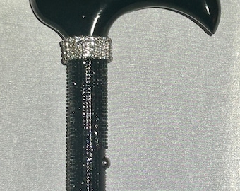 Black Derby Handle Rhinestone Cane! Luxury Sparkle Black Bling Walking Stick, Fabulous Retirement or Disability Gift! Folding and Adjustable