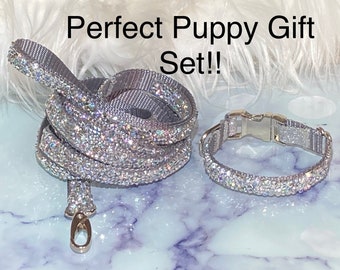May include: A silver glitter dog collar and leash set. The collar has a silver buckle and the leash has a silver clip.