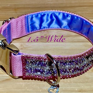 Lavender & Pink Luxury Real Rhinestone Bling Dog Collar, Periwinkle Satin Lining, 1.5" Wide, Packed Full of Stunning Rhinestones