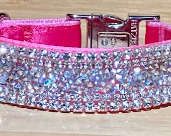 Bright Pink Rhinestone Bling Dog Collar, 4 rows of Diamonds, 1" Wide Dazzling Aurora Crystal Decadent Diamante Pet Classy Glam