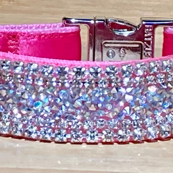 Bright Pink Rhinestone Bling Dog Collar, 4 rows of Diamonds, 1" Wide Dazzling Aurora Crystal Decadent Diamante Pet Classy Glam