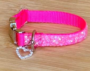 Dazzling Beauty Neon Pink Aurora Crystal 1/2” Wide Dog or Cat Collar, Cute, Sparkly, Light & Soft, Metal Buckle or Lobster Clasp