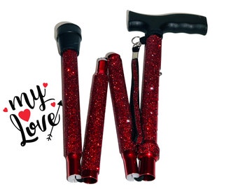 Red Rhinestone Walking Cane, Folding Lightweight Sparkle Stick