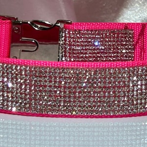 May include: A pink dog collar with a silver buckle and a row of clear rhinestones.