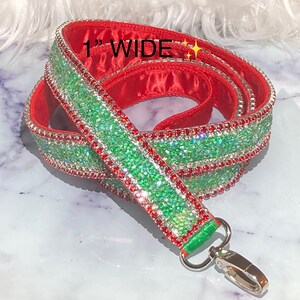 Holiday Red & Green Bling Rhinestone Leash, Silky Soft Satin Lined, 4 Rows of Rhinestone, Unique Classy Party Collar! Matching Collar Link!