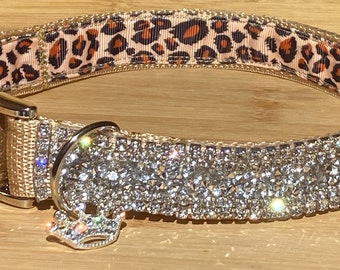 May include: A gold dog collar with a leopard print lining and a row of clear rhinestones. A small crown charm hangs from the collar.
