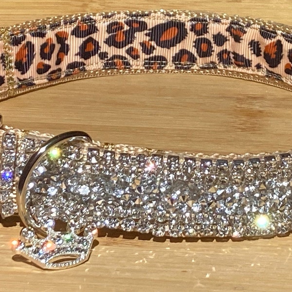 Rhinestone  & Leopard Dog Collar, Four Sparkling Rows of Diamonds, Modern Metal Buckle, 1" wide, Quality Elegant Pet Glam