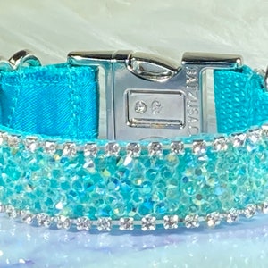 Teal Aurora Rhinestone Dog or Cat Collar a Unique Color, 3/4" , Satin Lined, Metal Buckle,Amazing Sparkle, Lobster Clasp Closure Available!