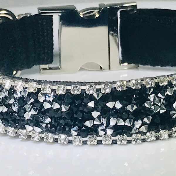 Rhinestone Bling Dog or Cat Collar 3/4" Wide Black Satin Lined Classy Metal Buckle Sparkly Diamond Crystal Unique Modern Elegant Quality