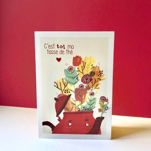 Carte postale double, c'est toi ma tasse de thé, papier recyclé, amour, Saint Valentin, enveloppe incluse