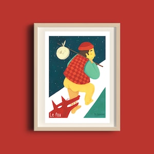 Affiche A5 "le Fou" Tarot de Marseille, illustration gouache, impression, papier recyclé, décoration, affiche, cadeau
