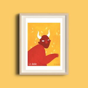 Puede incluir: Un diablo rojo con cuernos y una cara blanca se representa sobre un fondo amarillo con hojas naranjas. El texto "Le diable" está en la parte inferior izquierda y "La Junette" en la parte inferior derecha.