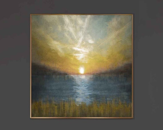 Sunset, Textured Paint on Canvas, Stretched on a wood panel, Nature Painting comes with Aluminum Floating Frame