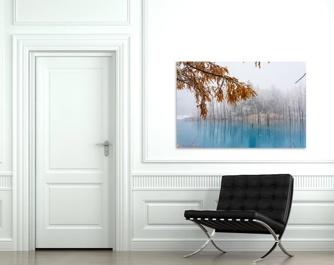 Blue Pond Winter Landscape Art: Serene Snowy Plexiglass or Metal Print