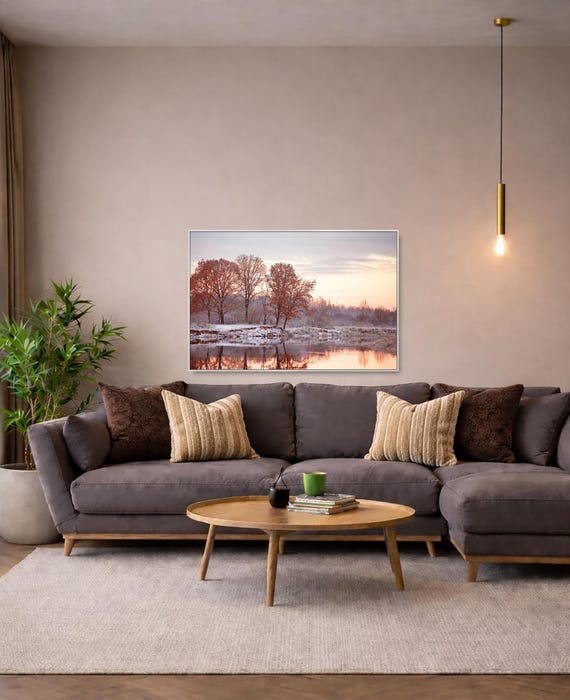 Autumn River Landscape: Serene Cloudy Dawn (Available in Plexiglass, Metal & Birch wood)