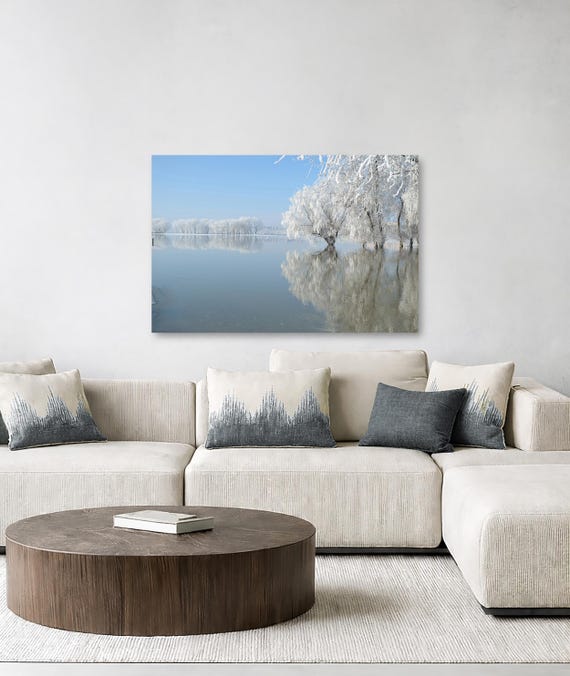 Snowy Landscape Wall Art: Serene reflection on water (Available in Plexiglass & Metal)