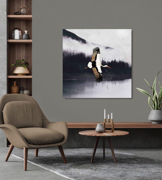 Original Art — Serene Stork on a Silent Passage with Golden Wings (Available in plexiglass & Metal)