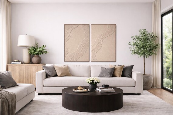 Original Textured Art: Two panel Abstract Beige - Signed by Artist