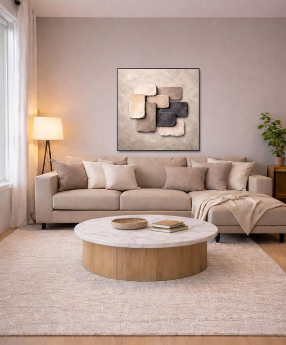 Original Abstract Textured Painting: Earthy Taupe and Charcoal Tones
