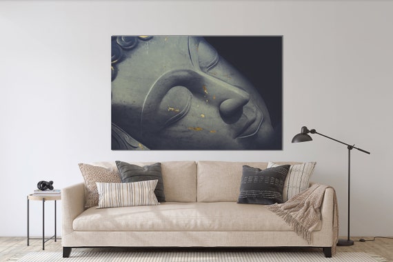 Buddha Large Art, Grey Gold Print, Gold Leafing Buddha, Living Room Decor, Oversized Art, Plexiglass