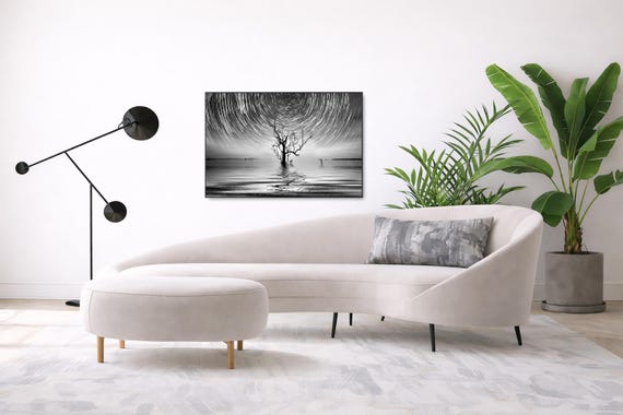 Night Sky Wall Art: Lone Tree Silhouette - Black and White Print