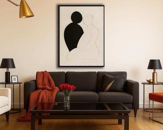 Abstract Textured Painting of Couple, Original - Love Series - Black and White