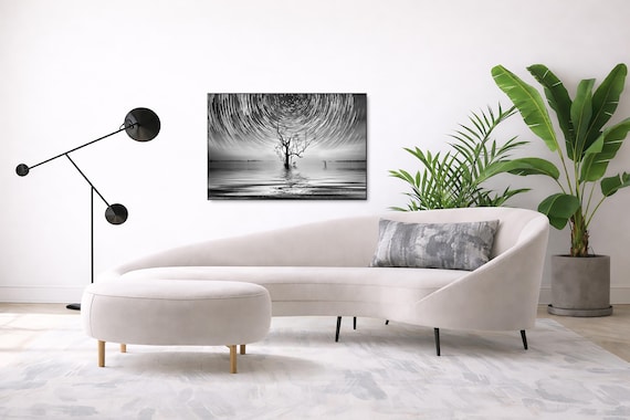 Night Sky Wall Art: Lone Tree Silhouette - Black and White Print