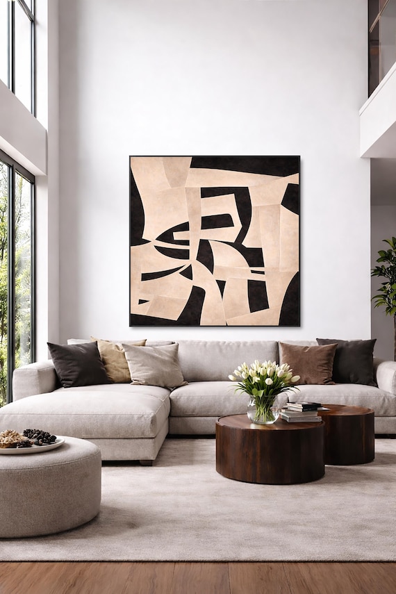 Original Abstract Textured Painting: Beige and Black, Contemporary Art