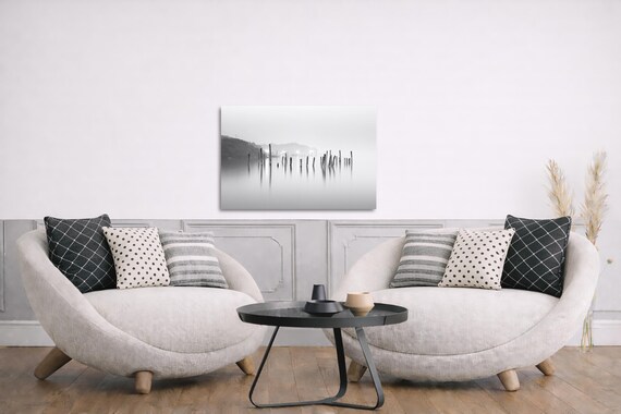 Black & White Minimalist Water with Wooden Posts Wall art (Available in Plexiglass and metal)