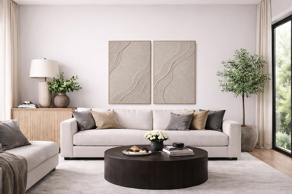 Original Textured Art: Two Panel Abstract Gray - Signed by Artist.