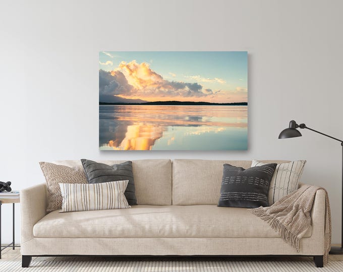 Golden Hour Lake Plexiglass Print: Modern Coastal Wall Art