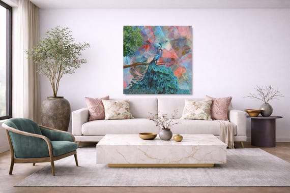 Original Art: JOY I - Vibrant Peacock with a Prismatic Backdrop (Available in Plexiglass and Metal)