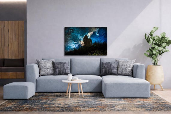 Abstract starry background wall art with silhouette of a young woman