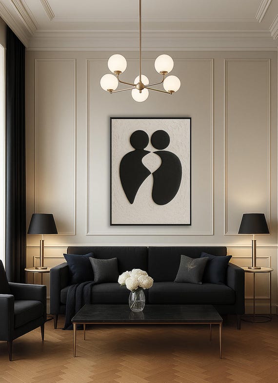 Abstract Textured Painting of Couple, Original - Love Series - Black and White