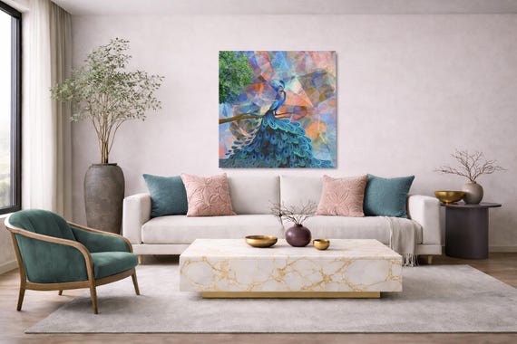 Original Art: JOY II - Vibrant Peacock with a Prismatic Backdrop (Available in Plexiglass & Metal)