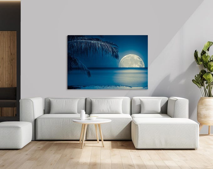 Moon Reflection Wall Art: Blue & White Coastal Print - Modern Home Decor