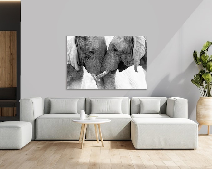 Black and White Elephant Print: Touching Elephants, Modern Home Decor
