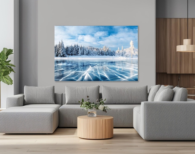 Frozen Lake Wall Art: Snowy Landscape Plexiglass or Metal Print