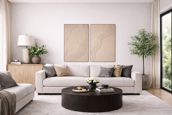 Original Textured Art: Two panel Abstract Beige - Signed by Artist