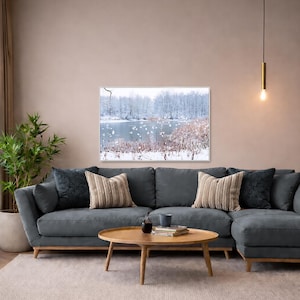 Snowy Forest Landscape: Frozen Lake Wall Art (Available in Plexiglass and Metal Matte)