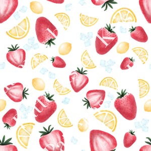 May include: A repeating pattern of watercolour illustrations showing red strawberries, yellow lemon slices, whole lemons, and ice cubes on a white backdrop. The strawberries have green stems, and the lemons are yellow.