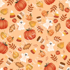 Peut inclure: Motif répété de citrouilles, feuilles, bonbons au maïs, tasses à café et fantômes à l'aquarelle sur fond orange clair. Les citrouilles sont de différentes tailles et nuances d'orange. Les feuilles sont jaunes et marron.