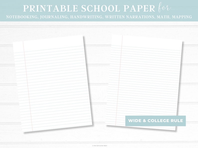 May include: Two blank sheets of wide-ruled paper with red lines. The paper is for notebooking, journaling, handwriting, written narrations, math, and mapping. The text "WIDE & COLLEGE RULE" is at the bottom of the right sheet of paper.