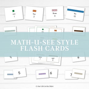 May include: A set of printable Math-U-See style flash cards for teaching children to count. The cards feature colorful blocks representing numbers one through ten. The cards are labeled with the number word and the numeral.