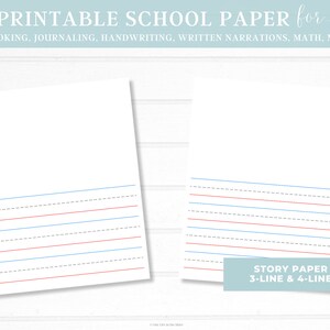 May include: Two printable sheets of lined paper with red and blue lines. The paper is labeled "Story Paper 3-Line & 4-Line".