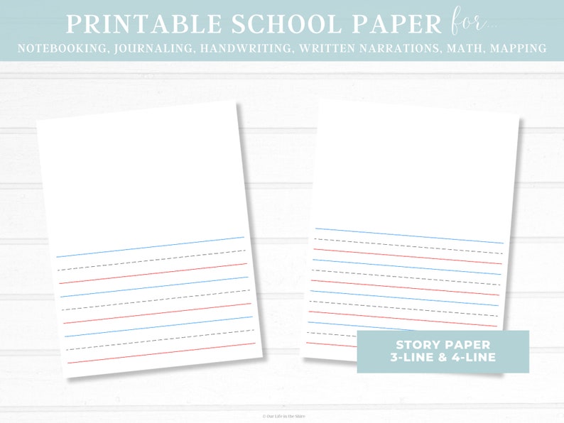 May include: Two printable sheets of lined paper with red and blue lines. The paper is labeled "Story Paper 3-Line & 4-Line".