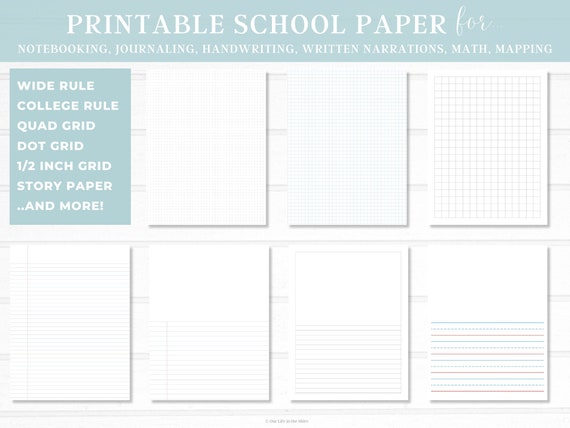 Printable Homeschool Paper, Lined School Paper, Draw and Write, Notebooking, Charlotte Mason Narrations, Math, Mapping, Writing, Handwriting