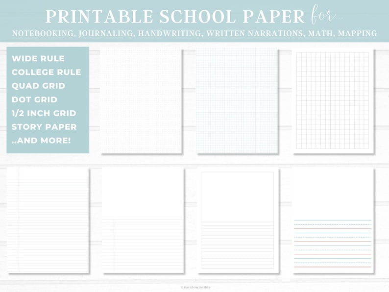 Printable school paper with grid paper, dot grid, wide and college rule, draw and write story paper for notebooking and journaling.
