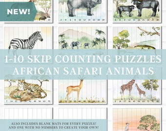 Skip Counting African Safari Animals | Homeschool Printable Activities | Preschool Learning | Numbers | Counting | Puzzles | Kindergarten